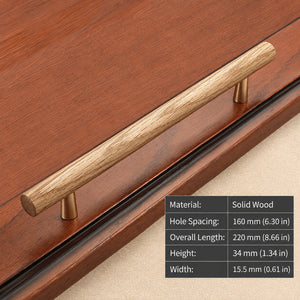 Measurements for slim white oak bar cabinet pull with gold-colored mounts, style #4 (160 mm).