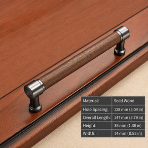 Measurements for walnut wood bar cabinet pull with silver-colored mounts, style #5 (128 mm).