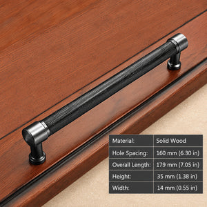 Measurements for black oak bar cabinet pull with silver-colored mounts, style #5 (160 mm).
