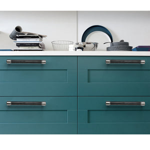 In-use view of black oak bar cabinet pull with silver-colored mounts, style #5 (160 mm).