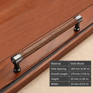 Measurements for walnut wood bar cabinet pull with silver-colored mounts, style #5 (160 mm).