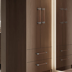In-use view of walnut wood bar cabinet pull with silver-colored mounts, style #5 (160 mm).