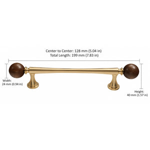 Measurements for brass bar cabinet pull with dark wood ball ends, style #5 Brass (128 mm).