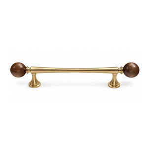 Brass bar cabinet pull with dark wood ball ends, style #5 Brass (128 mm).