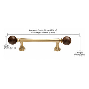 Measurements for brass bar cabinet pull with dark wood ball ends, style #5 Brass (96 mm).