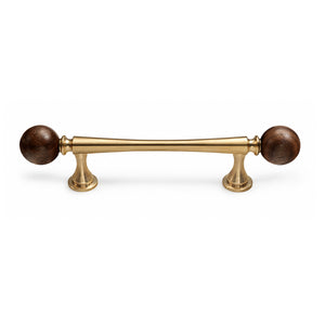 Brass bar cabinet pull with dark wood ball ends, style #5 Brass (96 mm).