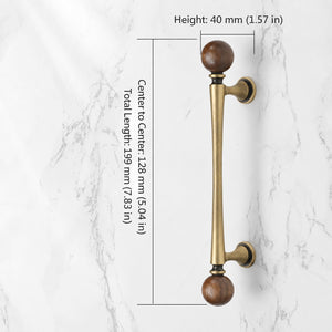 Measurements for bronze-finish bar cabinet pull with dark wood ball ends, style #5 Bronze (128 mm).