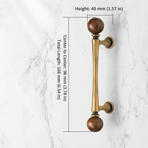 Measurements for bronze-finish bar cabinet pull with dark wood ball ends, style #5 Bronze (96 mm).