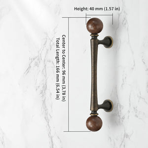 Measurements for coffee-finish bar cabinet pull with dark wood ball ends, style #5 Coffee (96 mm).