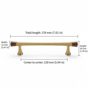 Measurements for dark wood-ended brass bar cabinet pull, style #6 Brass (128 mm).
