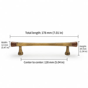 Measurements for dark wood-ended bronze-finish bar cabinet pull, style #6 Bronze (128 mm).