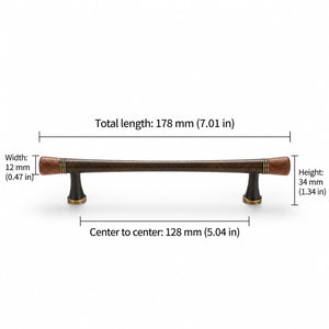 Measurements for dark wood-ended coffee-finish bar cabinet pull, style #6 Coffee (128 mm).