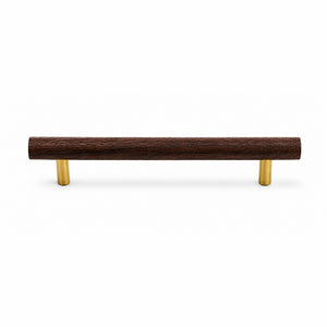 Slim walnut wood bar cabinet pull with brass mounts, style #6 (128 mm).