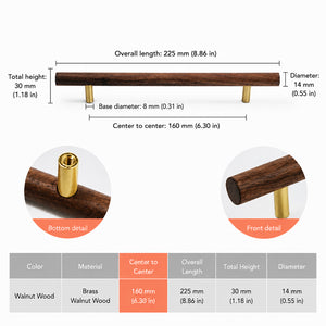 Measurements for slim walnut wood bar cabinet pull with brass mounts, style #6 (160 mm).