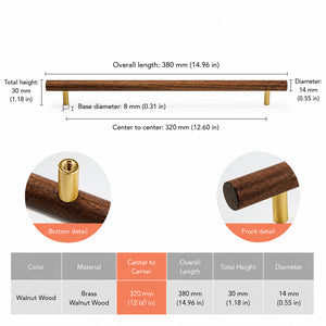 Measurements for slim walnut wood bar cabinet pull with brass mounts, style #6 (320 mm).