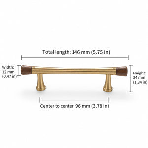 Measurements for dark wood-ended brass bar cabinet pull, style #6 Brass (96 mm).