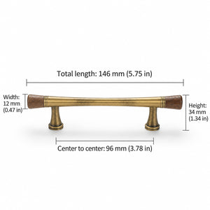 Measurements for dark wood-ended bronze-finish bar cabinet pull, style #6 Bronze (96 mm).
