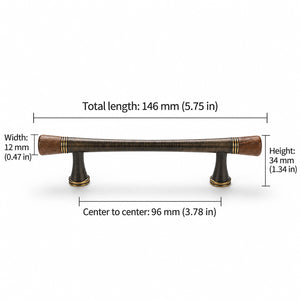 Measurements for dark wood-ended coffee-finish bar cabinet pull, style #6 Coffee (96 mm).