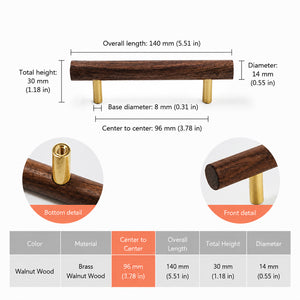 Measurements for slim walnut wood bar cabinet pull with brass mounts, style #6 (96 mm).
