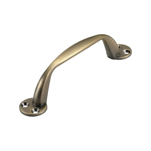 Antique bronze-tone arched bar pull with oval mounting plates, option No. 2, 151 mm.