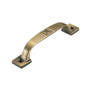Antique bronze-tone bar pull with a four-petal emblem and square mounting feet, option No. 1, 130 mm.