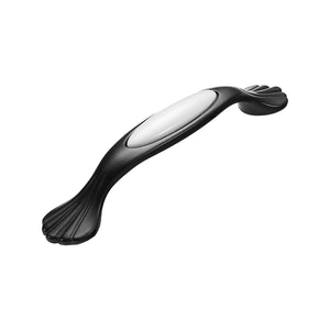 Black curved bar pull with a white ceramic center and fan-shaped ends, option No. 4, 128 mm.