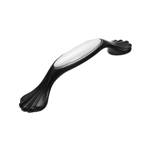 Black curved bar pull with a white ceramic center and fan-shaped ends, option No. 4, 96 mm.