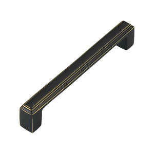 Black rectangular bar pull with recessed gold-tone lines, 128 mm, option No. 15.