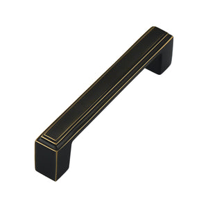 Black rectangular bar pull with recessed gold-tone lines, 96 mm, option No. 15.