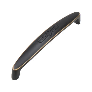 Black straight bar pull with gold-tone edging and an engraved center, option No. 5, 128 mm.