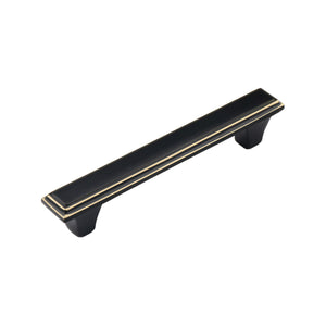 Black straight bar pull with gold-tone trim, 125 mm.