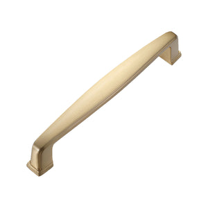Brass-tone gently arched bar pull, 128 mm, option No. 11.
