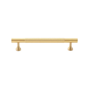 Brass-tone bar pull with a ring-ribbed center and stepped feet, 128 mm, option No. 10.
