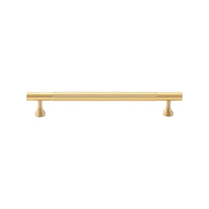Brass-tone bar pull with a ring-ribbed center and stepped feet, 160 mm, option No. 10.