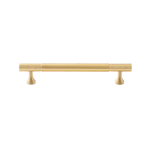 Brass-tone bar pull with ring-ribbed ends and a smooth center, 128 mm, option No. 11.