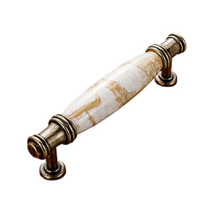 Antique bronze-tone bar pull with a white marble-look barrel grip, option No. 6, 96 mm.