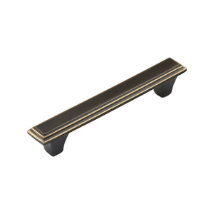 Brown straight square bar pull with gold-tone edging, 125 mm.