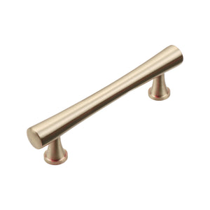 Brushed gold cylindrical bar pull with round pedestal feet, option No. 13, 96 mm.