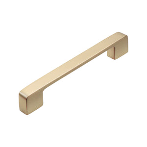 Brushed gold straight bar pull with block-shaped ends, option No. 9, 128 mm.