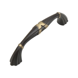 Coffee brown arched bar pull with a gold-tone center accent and flared ends, option No. 1, 96 mm.