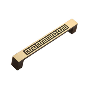 Coffee brown straight bar pull with a Greek key pattern, 128 mm, option No. 3.