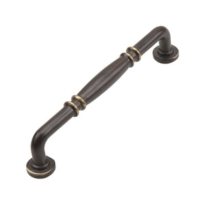 Coffee-brown bar pull with a tapered central grip and brass-tone ring bands, 128 mm, option No. 1.
