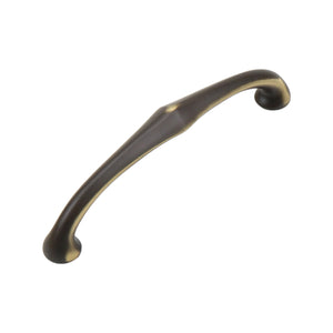 Coffee-tone tapered arched bar pull with curled ends, 128 mm, option No. 1.