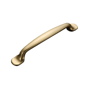 Smooth curved gold-tone bar pull with flared end mounts, option #6, 128 mm.