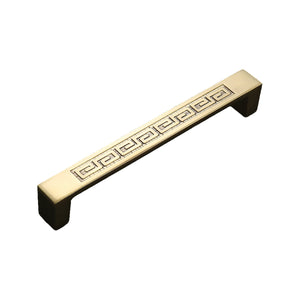 Gold-tone bar pull with a Greek key pattern, option #11, 128 mm.