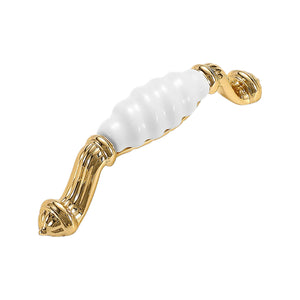 Gold-tone bar pull with a ribbed white ceramic grip and ornate ends, option No. 3, 96 mm.