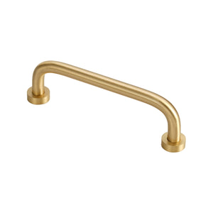 Gold-tone curved bar pull with round mounting bases, option No. 4, 96 mm.
