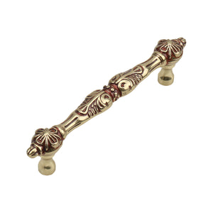 Gold-tone bar pull with raised floral scrollwork, option No. 1, 126 mm.