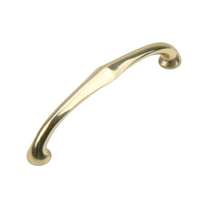 Gold-tone tapered arched bar pull with curled ends, 128 mm, option No. 1.