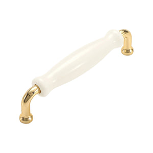 Gold-tone curved bar pull with a white ceramic grip and round post mounts, option No. 6, 128 mm.